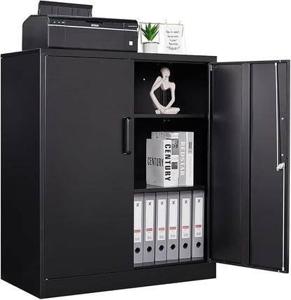 Metal Storage Cabinet, 2 Doors Garage Cabinets, Steel Utility Tool Caninet, Short Locking Caninets with Adjustable Shelves, Black Lockable File Cabnet Cupboard for Home/Office/School/Shop