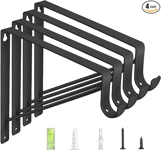 4-Pack Closet Rod Bracket, 10.8x10.8Inch Closet Shelf Brackets Heavy Duty Wall Mounted, Matte Black Steel Closet Rod Support Brackets Holder, 300 Lbs Load Capacity with Anchors Screws