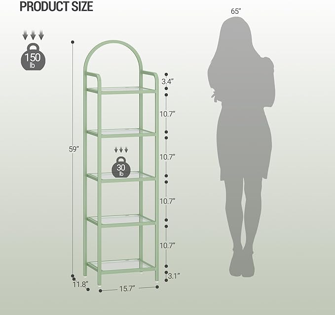 Bookcase Bookshelf, Tempered Glass Bookshelves, Slim Shelving Unit for Bedroom, Bathroom, Home Office, Steel Frame, 5 Tier Green BC05099C