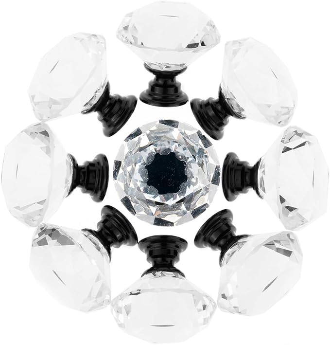 YourGift 12 Pack Drawer Knobs Diamond Shaped Crystal Glass 40mm Cabinet Knobs Pull Handles (40 mm, 12 Pack, Black)