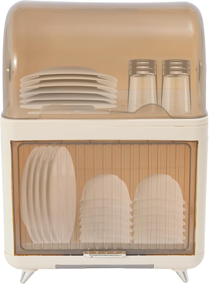 Dish Drying Rack, 2-Tier Plastic Dish Rack for Kitchen Counter with Lid, Kitchen Organizers and Storage Rack with Drainboard and Cutlery Holder for Plates Bowls Cups