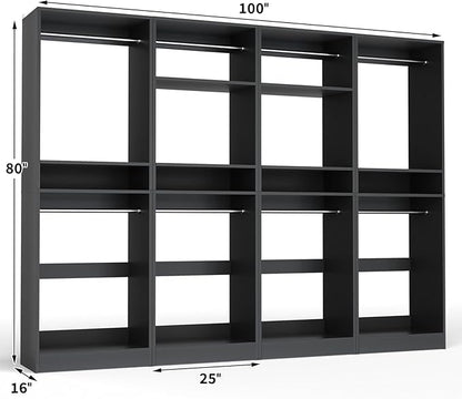 Unikito 100 Inch Large Closet System, 8.3FT Wood Closet Organizer Kit with 8 Hanging Rods, Adjustable Walk in Wardrobe Closet Tower, Sturdy Luxury Clothes Garment Rack, Easy Assembly, Set of 4, Black