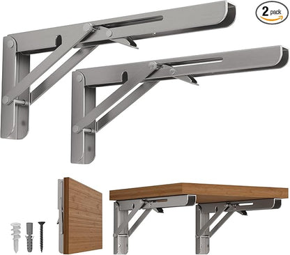 LEOPO 8 inch Folding Shelf Brackets-2 Pack Foldable Heavy Duty Triangle Collapsible Wall Mounted Brackets for Fold Down Table, Space Saving for Bench Table with Screws, Stainless Steel