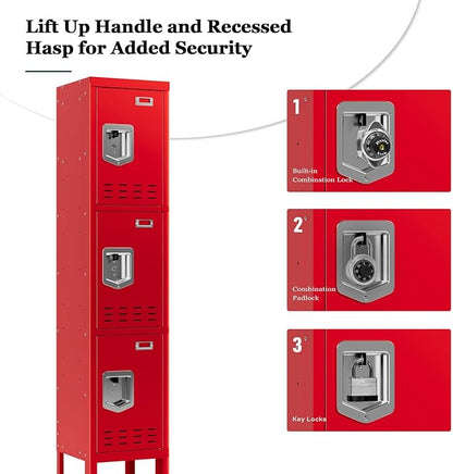 Metal Storage Locker with Lock & Card Slot Locker - Secure Lockable Door - Steel Locker for School, Office, Gym, Home - 66.15" H x 11.8" W x 11.8" D（3 Door, Red）