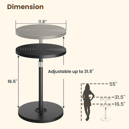 Round Side Table, Adjustable-Height Drink Table for Small Spaces, Pedestal Martini Table, Cocktail Tables Weighted Base for Living Room, Bedroom, Bathroom, Office, Black