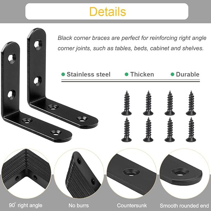12Pcs Black Corner Brace L Brackets Stainless Steel 2.5 Inch Heavy Duty Shelf Bracket for Wood, Shelves, Wall Hanging Support 90 Degree Joint Right Angle Brackets with Screws