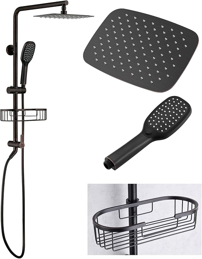 SonTiy Rain Shower Heads System with Handheld Jet Spray, Caddy Shelf and Brass Shower Diverter, Bathroom luxury Shower Faucet Set for Whole Family, 2.5 GPM, Oil Rubbed Bronze
