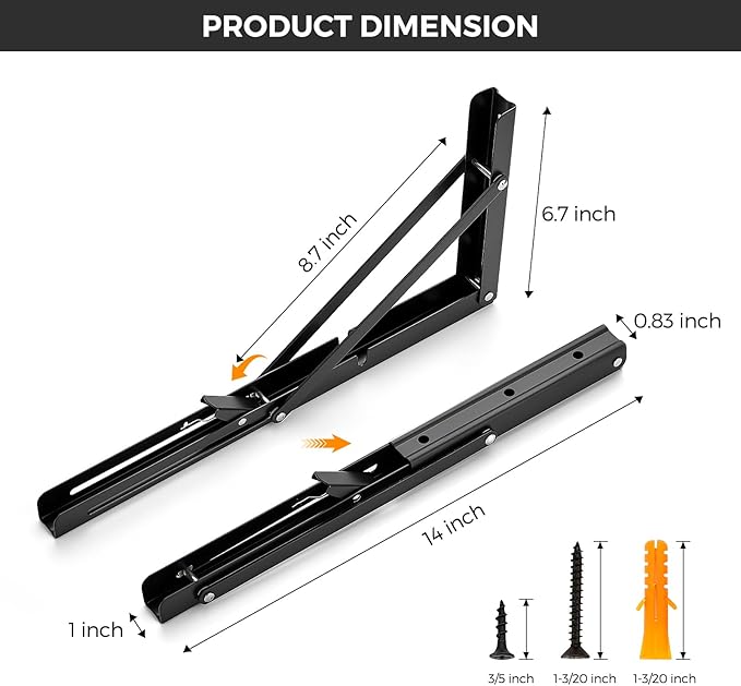 JOY DECOR 14 Inch Heavy Duty Folding Shelf Brackets, 4 Pack (2 Pairs) Collapsible Wall Mounted Brackets for Fold Down Table, Stainless Steel Folding Table Hinge, Matte Black