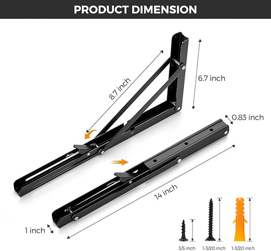 JOY DECOR 14 Inch Heavy Duty Folding Shelf Brackets, 4 Pack (2 Pairs) Collapsible Wall Mounted Brackets for Fold Down Table, Stainless Steel Folding Table Hinge, Matte Black