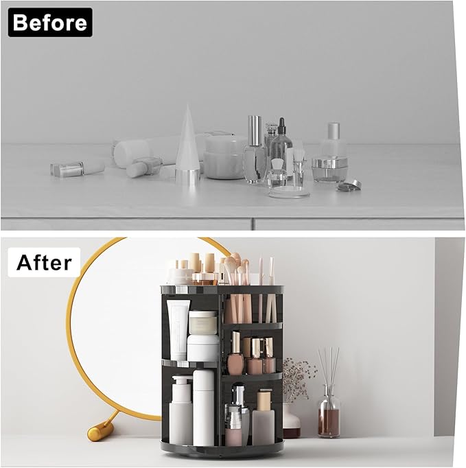 Rotating Makeup Organizer for Vanity, 360 Spinning Skincare Organizers with Adjustable Trays, Make Up Desk Storage Carousel Rack, Cosmetic Display Cases for Dresser Bathroom Countertop Black