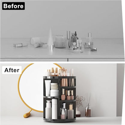Rotating Makeup Organizer for Vanity, 360 Spinning Skincare Organizers with Adjustable Trays, Make Up Desk Storage Carousel Rack, Cosmetic Display Cases for Dresser Bathroom Countertop Black