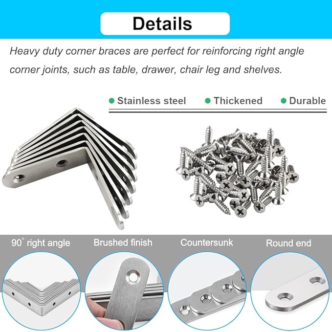 8 Pack L Bracket Corner Braces 2 Inch Stainless Steel Heavy Duty Shelf Bracket for Wood Shelves, Wall Hanging Support 90 Degree Joint Right Angle Brackets with Screws