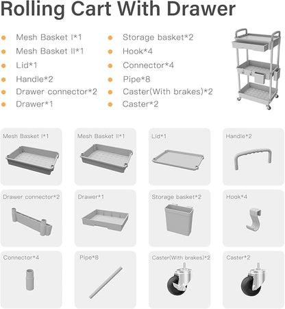 3 Tier Rolling Utility Cart with Drawer,REBECAT Utility Cart Made of Multifunctional Storage Organizer Tool for Kitchen,Bathroom,Living Room,Office(Gray)