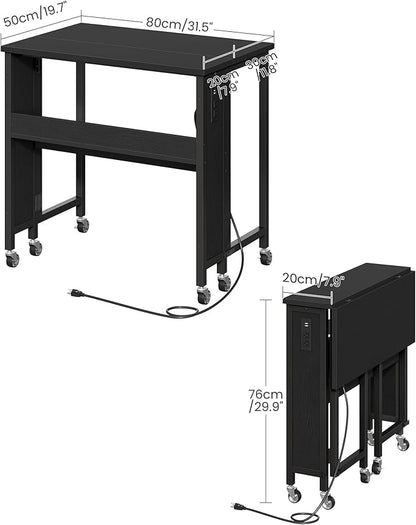 31.5" Modern Folding Computer Desk with Power Outlets, Wheels, Storage, Perfect for Small Spaces Black TDN01UBB