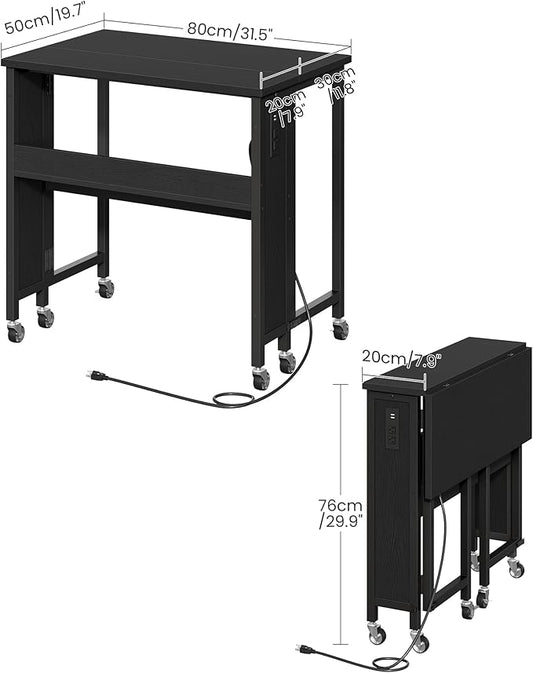 31.5" Modern Folding Computer Desk with Power Outlets, Wheels, Storage, Perfect for Small Spaces Black TDN01UBB