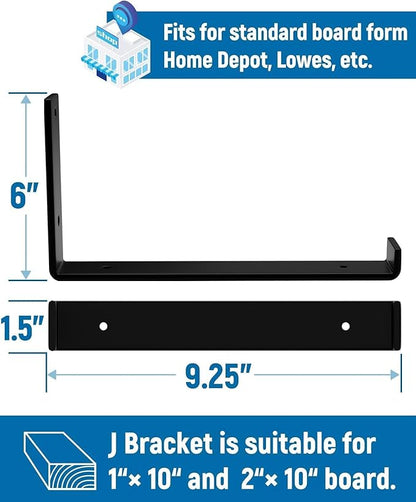 LEOPO 10 inch Shelf Brackets 6-Pack ,1/5 inch Thick Heavy Duty Industrial Bracket for DIY Floating Shelf Support, Black Coated Wall Shelf Support, 9.25” x 6” x 1.5”