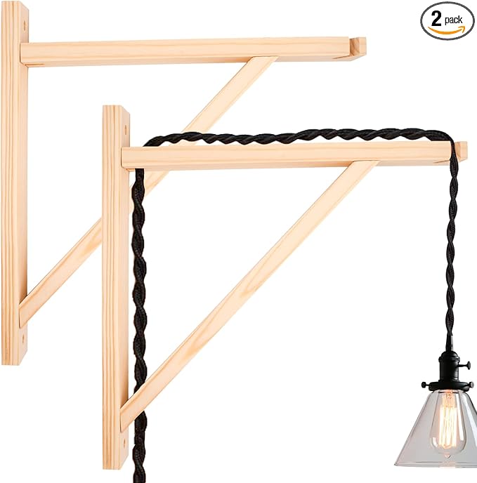 2 Pack Wall Mount Natural Wood Bracket Solid Bracket Shelf Supports Kits for Sconces Pendant Lights Swag Lamps Lighting Lamps Hanging Farmhouse Design DIY Project with Screws