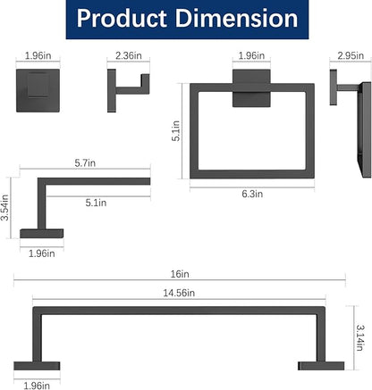 5-Piece Bathroom Hardware Accessories Set, Towel Racks for Bathroom Wall Mounted Stainless Steel, Matte Black Towel Bar Set 16In