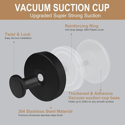 ZESLMG Black Suction Cup Hooks for Glass Window, Shower Hook for Inside Shower, Removable Towel Hooks for Bathroom Kitchen Wall Glass Door, Wreaths Loofah Suction Hook for Hanging, 2 Pack