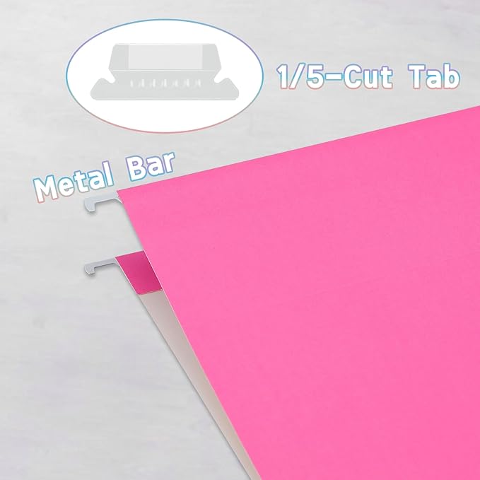 50 Packs Hanging File Folders Pink,Letter Size 8.5x11,Hanging File Folders with 1/5-cut Tabs,Designed for Bulky Files,File Folders for Filing Cabinet