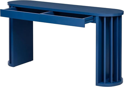 59-inch Long Console Table, Oak Veneer Sofa Table, Curved and Straight Line Design Couch, Farmhouse Entryway Table for Entrance, Hallway, Living Room (Navy Blue-J49)