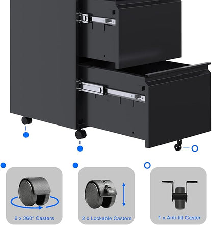METAN Fully Assembled 2 Drawer File Cabinet with Lock, Mobile Under Desk Filing Cabinet for Office Legal/Letter Size, Pre Assembled Except Wheels,Black