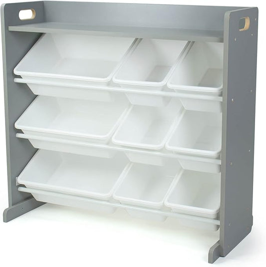 Humble Crew Toy Storage Organizer with Top Shelf and 9 Removable Bins, Grey/White – Toddler Bookshelf with Toy Organizer - Modern Toy Rack Ideal for Kids' Rooms, Playrooms, and Nurseries