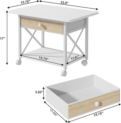EasyCom 23.6" x 15.7" Under Desk Printer Stand with Storage Drawer, 2-Tier Shelf Desktop Printer Table for Desk with Wheels, Large Rolling Cart for Home Office Fits 3D Printer Scanner White