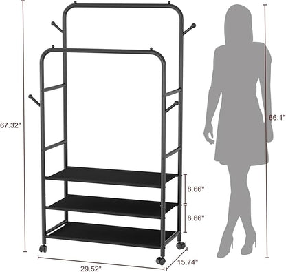 Furologee Clothes Racks for Hanging Clothes, Double Rods Clothing Rack with 3-Tier Storage Shelves, Rolling Garment Wardrobe with Wheels, Portable Free Standing Closet for Bedroom, Laundry Room, Black
