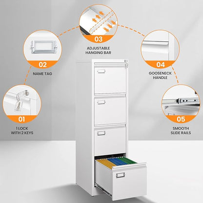 4 Drawer File Cabinet with Lock, Metal Filing Cabinets for Home Office, Vertical Black Locking File Caninet, Steel Narrow Four Drawer File Cabnet for Letter/Legal / A4 / B4- Assembly Required
