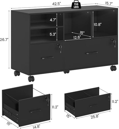 2 Drawer Wood Mobile Large Lateral File Cabinet, Lockable Rolling Filing Cabinet with Storage Shelves, Printer Stand Office Storage Cabinet for Home Office Fits Files Legal/A4, Black