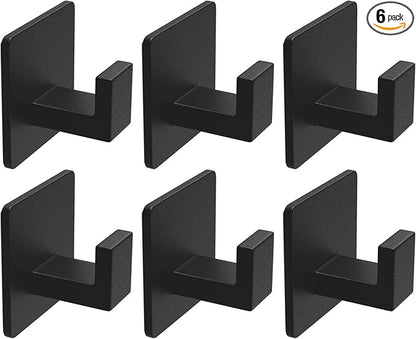 VAEHOLD 6 Pack Adhesive Towel Hooks, Heavy Duty Wall Hooks Aluminum Black Hooks for Hanging Coat, Hat, Towel, Robe, Clothes, Shower Hook for Door, Office, Kitchen, Bathroom (Black)