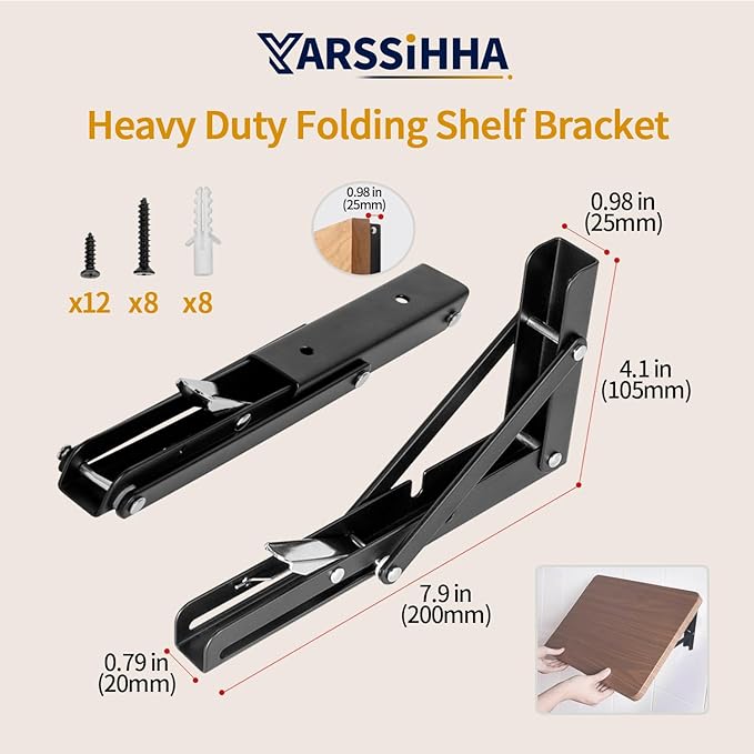 Yarssihha 8 Inch Folding Shelf Bracket, 4 Pack Heavy Duty Wall Mounted Foldable Brackets, Space-Saving Metal Collapsible Shelf Brackets, Max Load:180lbs
