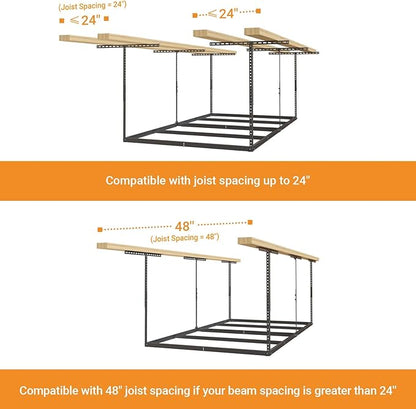 4x8ft Overhead Garage Storage Rack Wooden Decking Not Included, Heavy Duty Metal Rack, Adjustable Ceiling Dropdown, 600lbs Weight Capacity (Black)