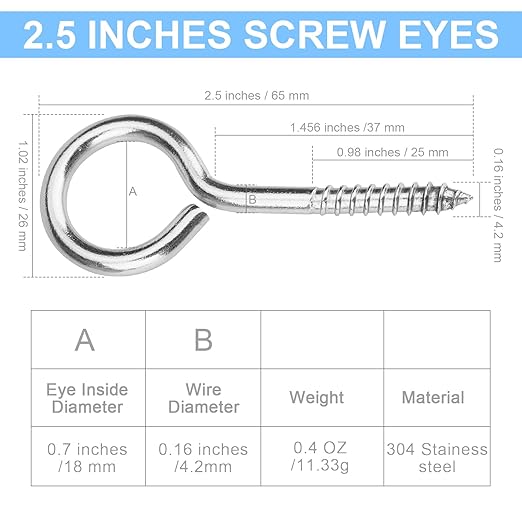 Aovchei Eye Screws, 9 Pcs 2.5 inches 304 Heavy Duty Stainless Steel Screw Hooks, Rust-Resistant Self Tapping Eyelet Bolts for Wood, Securing Cables Wires, Indoor & Outdoor for Hanging Artwork