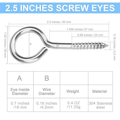 Aovchei Eye Screws, 9 Pcs 2.5 inches 304 Heavy Duty Stainless Steel Screw Hooks, Rust-Resistant Self Tapping Eyelet Bolts for Wood, Securing Cables Wires, Indoor & Outdoor for Hanging Artwork