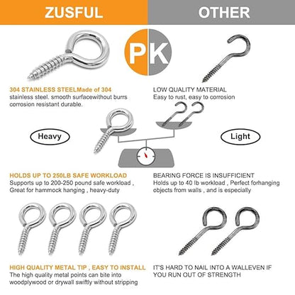 6 Pcs M6 304 Stainless Steel Screw Eye Hooks, 2-1/2 Inches Eyes Screw Hooks,Heavy Duty Screw Eye Bolt,Load Bearing 200LB,Indoor & Outdoor Use
