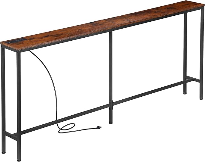 70.8" Console Table with Power Outlet, Wood Narrow Sofa Platform with Charging Station, Entryway Hallway Behind Couch Table with USB, for Living Room, Foyer, Rustic Brown