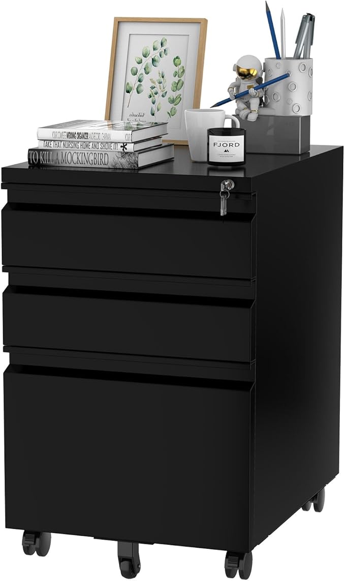 FLEXISPOT 3-Drawer Metal Mobile Filing Cabinet for Home Office - Under Desk Storage with Lock Keys - Legal/Letter/A4 File Organizer - Fully Assembled Except Wheels - Black