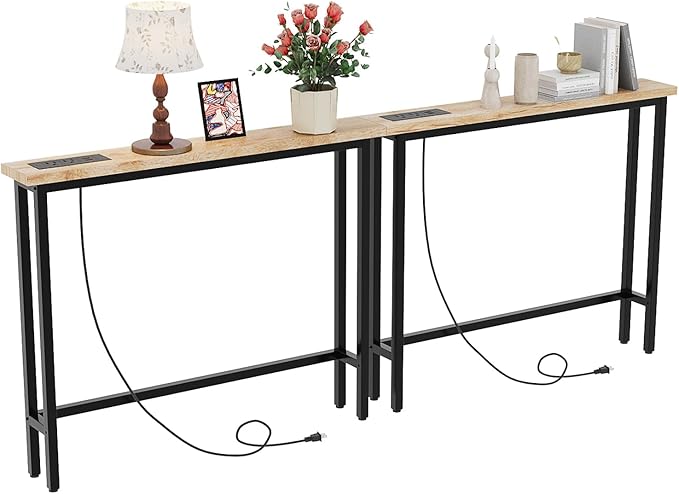 VINGLI 79" Console Table with Charging Station, 5.9" Narrow Sofa Table Set of 2, Entryway Table with Power Outlet & 4.9 Ft Extension Cord & Adjustable Feet, for Living Room, Hallway, Oak