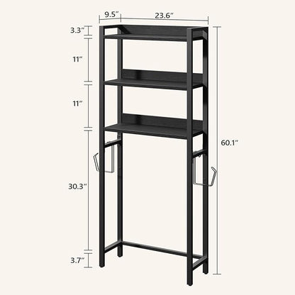 Over The Toilet Storage Rack, 3 Tier Bathroom Organizer Over Toilet, Freestanding Space Saver Toilet Stand with 2 Hooks, Bathroom Storage Shelf, Easy to Assemble, Black TSBK6001