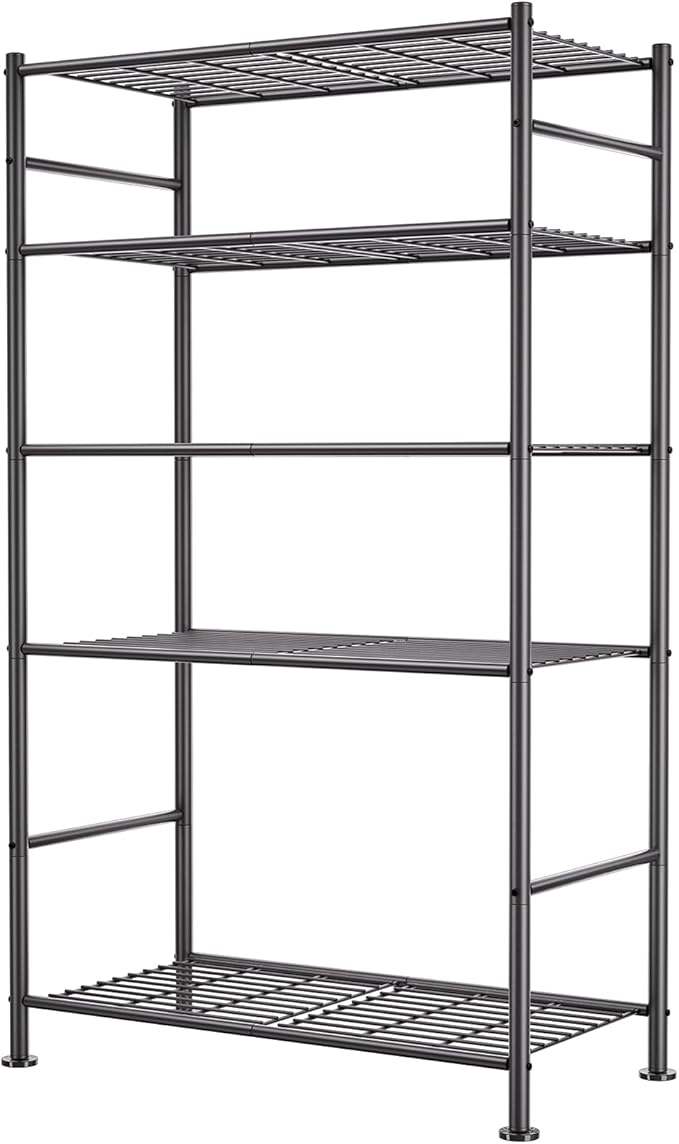5 Tier Shelf Organizer Rack, Metal Shelving Unit with Adjustable Leveling Feet, Space-Saving Storage Shelves for Garage Closet Laundry Bathroom Kitchen Pantry, 33.07”Wx12.6”Dx72.04”H,Black