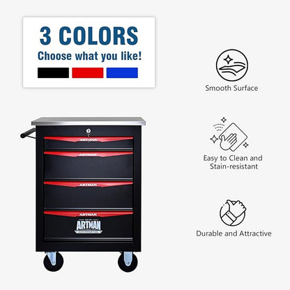 4-Drawer Rolling Tool Chest with Stainless Steel Countertop,Tool Chest with Secure Locking System,Mobile Storage Tool Cabinet with 360°Wheels and Padded Feet,for Home,Garage (Black+Red)