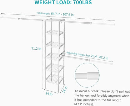 Ulif M1 Closet Storage Organizer System, 6 Tiers Heavy Duty Metal Garment Rack with 3 Expandable Hanger Rods, Wall Mounted Space Saver Suits from 5.4-8.7 ft. Width, 71.2”H x 14”D, 700LBS, White