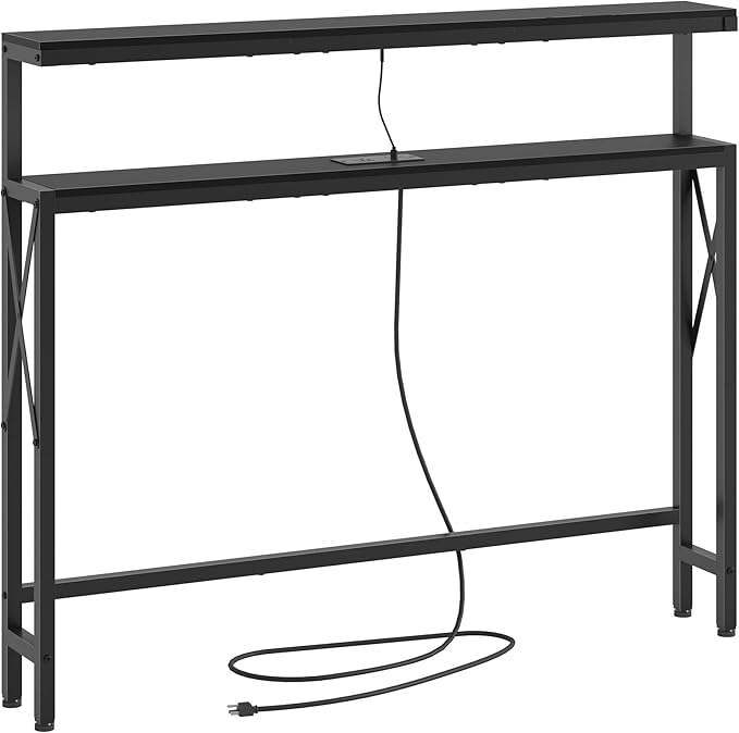 FAVOOSTY 46.8" Skinny Console Table with Charging Station and LED Light,5.9" Narrow Sofa Table with Power Outlets and Type C & USB Port, Behind Couch Table for Living Room, Hallway, EntryWay, Black