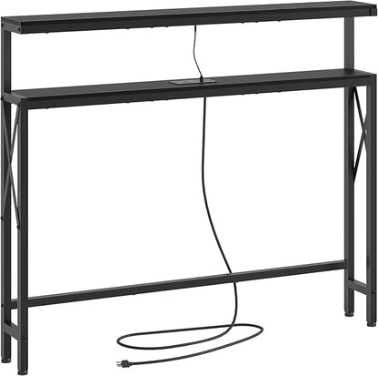 FAVOOSTY 46.8" Skinny Console Table with Charging Station and LED Light,5.9" Narrow Sofa Table with Power Outlets and Type C & USB Port, Behind Couch Table for Living Room, Hallway, EntryWay, Black