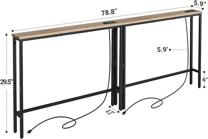 ELYKEN 2 Pack 5.9" Narrow Console Sofa Table with Power Outlets, Total 78.8” Long Behind Couch Table with Charge Station and 5.9’ Extension Cord for Living Room, 5.9" D x 78.8”W x 29.5”H, White Oak