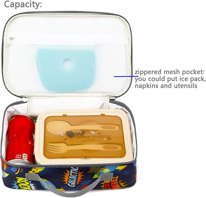 FlowFly Kids Lunch box Insulated Soft Bag Mini Cooler Back to School Thermal Meal Tote Kit for Girls, Boys, Outer Space Rocket Ships in Dark Navy Blue