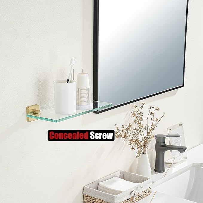 JQK Bathroom Glass Shelf, Floating Tempered Glass Shower Storage 12 by 5 inches, 304 Stainless Steel Brushed Gold Wall Mount 2 Pack, TGS201L12-BG-P2