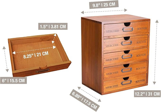 Vintage 5-Drawer Wooden Desk Organizer - Craft Storage Drawers - Rustic Shelf Drawer - Ideal Home Office Organizers and Accessories - Embroidery Floss - Apothecary Cabinet, Art Storage I Stackable